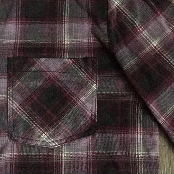 TATTOO PLAID Purple, Grey & Black High Low stretchy button up Long Sleeve Top - Picture 2 of 7